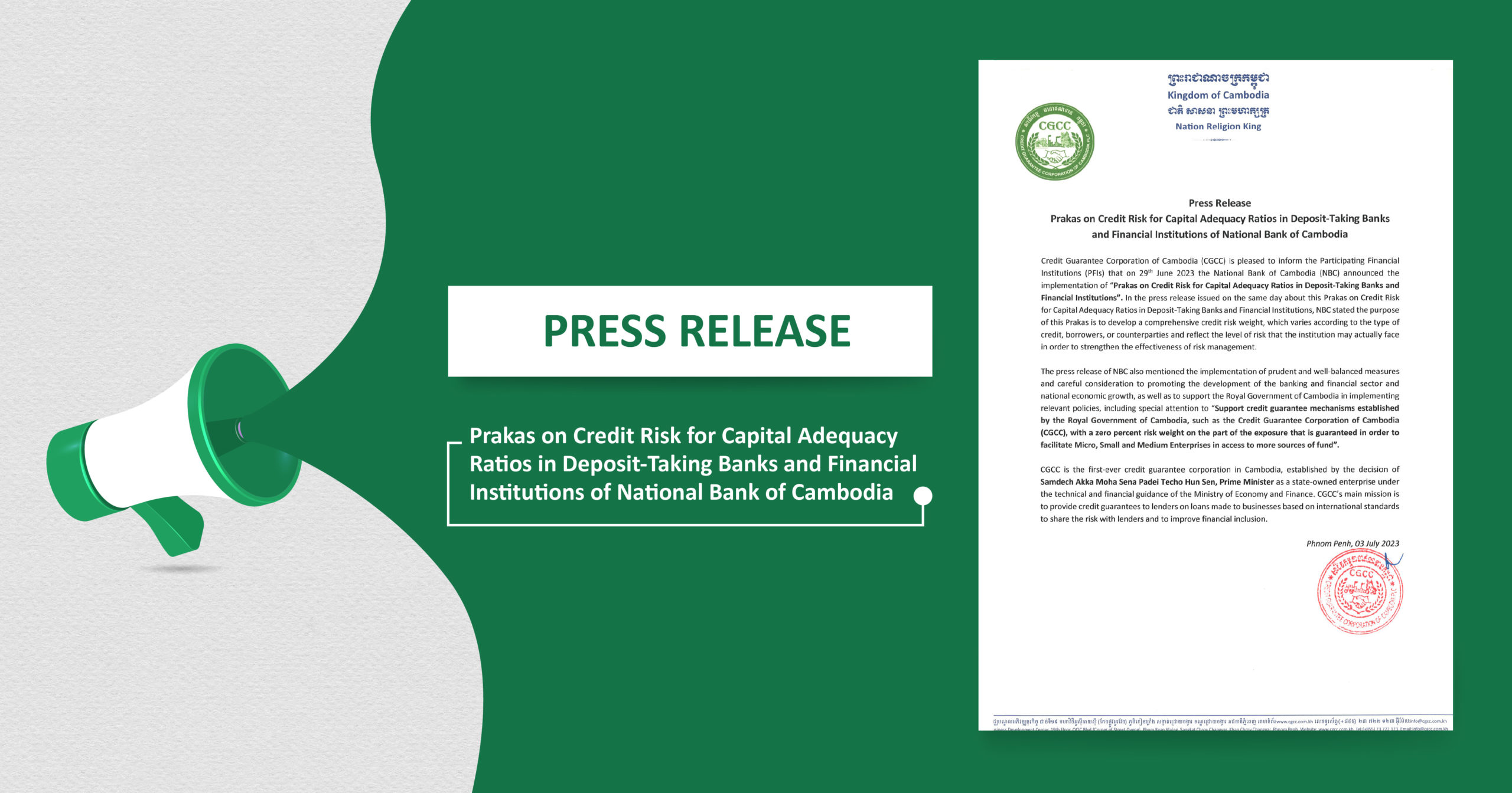 Press Release - Prakas on Credit Risk for Capital Adequacy Ratios in Deposit-Taking Banks and Financial Institutions of National Bank of Cambodia